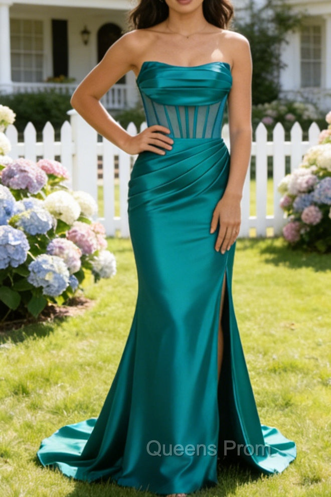 Peacock Mermaid Strapless Pleated Corset Long Prom Dress with Slit Main image