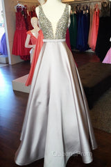 Pearl Beaded V Neck Long Silver Satin Evening Prom Dress Floor Length