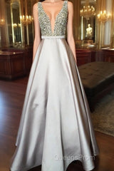 Pearl Beaded V Neck Long Silver Satin Evening Prom Dress Floor Length