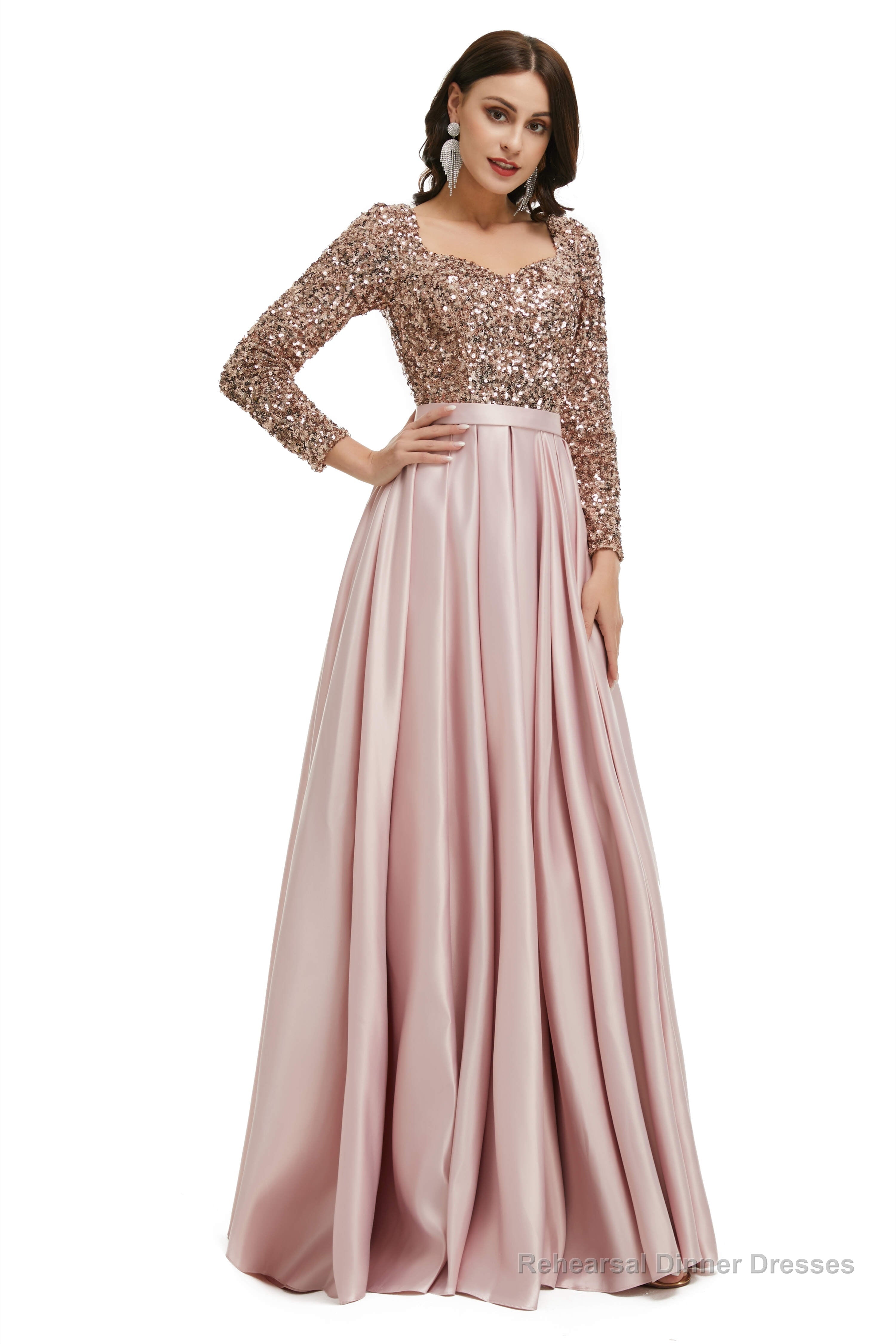 A-Line Sequins Sweet Neck Long Sleeve Prom Dresses