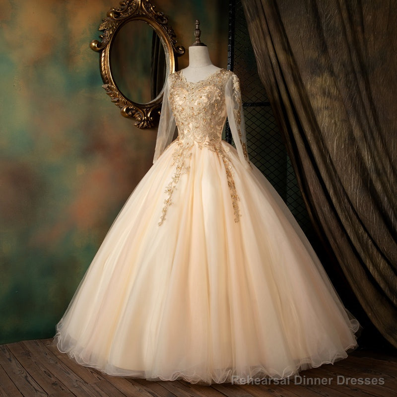Pearl Pink Long Sleeves Formal Dress with Lace Applique, Pink Formal Gown Main image