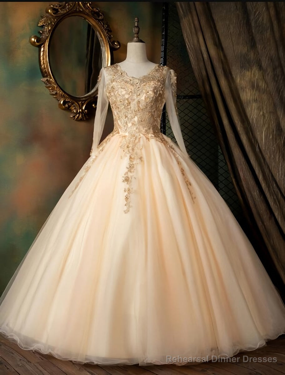 Pearl Pink Long Sleeves Formal Dress with Lace Applique, Pink Formal Gown Secondary image