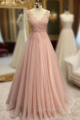 Pearl Pink Evening Prom Dress, A-line V Neck Sleeveless Long/Floor-Length Tulle Glitter Evening Prom Dress With Appliqued Beading