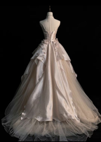 Pearl Pink Strapless A-Line Tulle Long Party Gown With Pearls