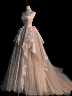 Pearl Pink Strapless A-Line Tulle Long Party Gown With Pearls