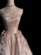 Pearl Pink Strapless A-Line Tulle Long Party Gown With Pearls