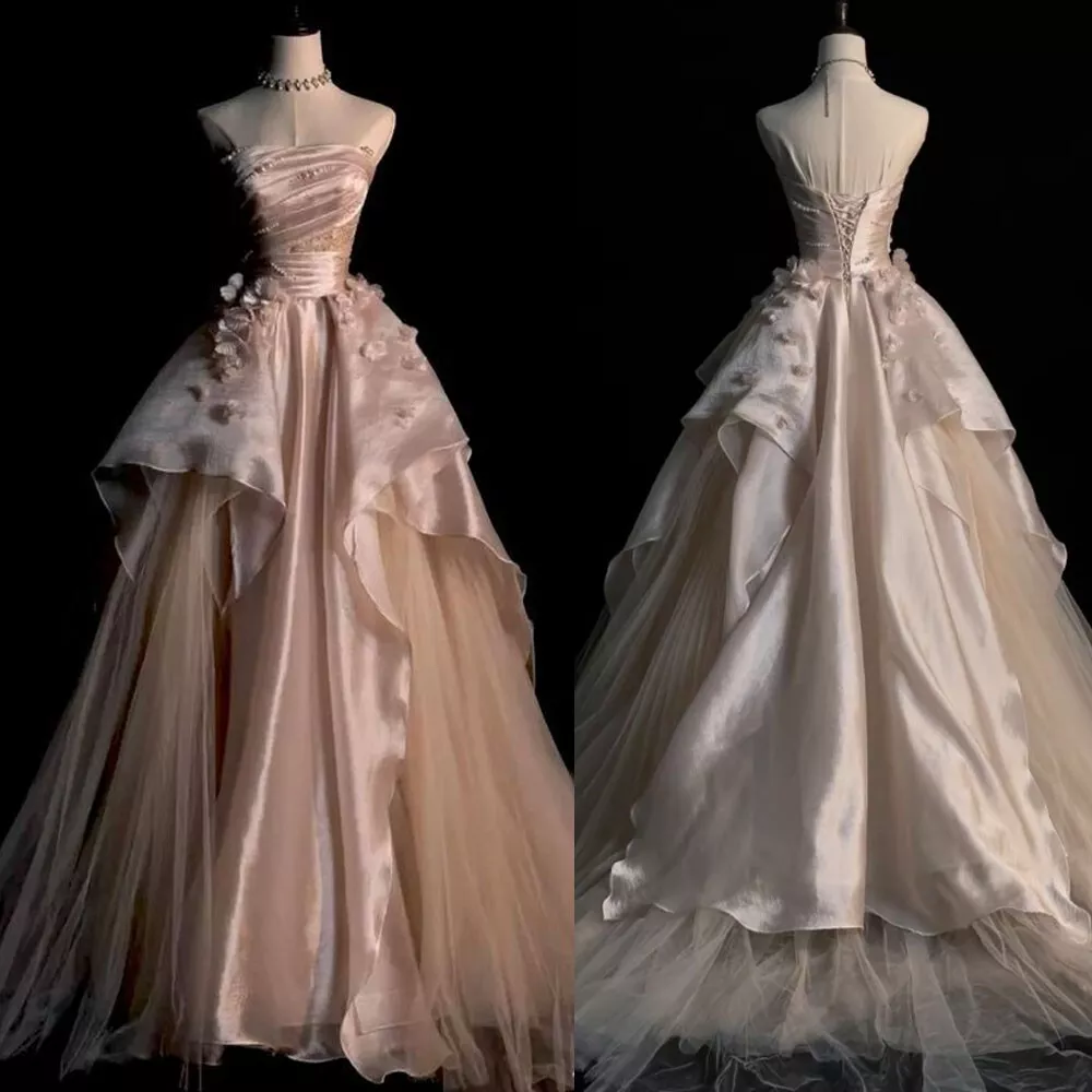 Pearl Pink Strapless A-Line Tulle Long Party Gown With Pearls