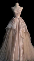 Pearl Pink Strapless A-Line Tulle Long Party Gown With Pearls