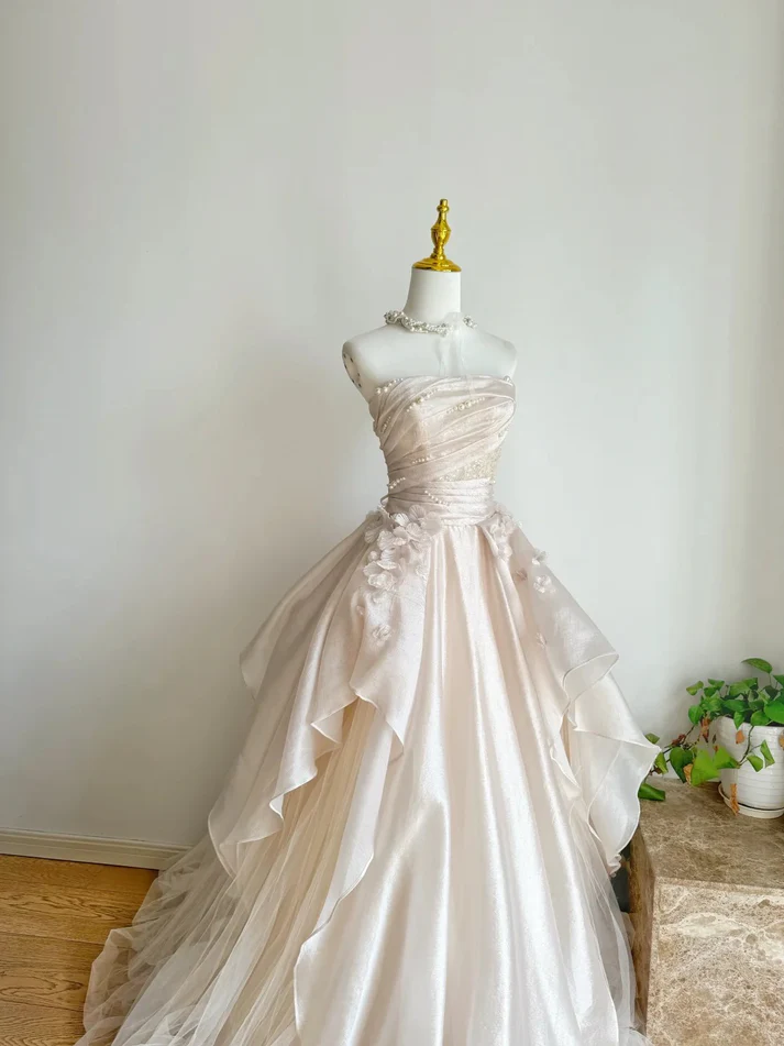 Pearl Pink Strapless A-Line Tulle Long Party Gown With Pearls