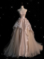Pearl Pink Strapless A-Line Tulle Long Party Gown With Pearls
