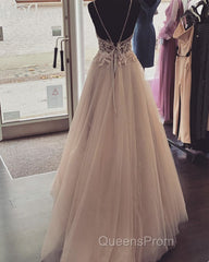 Pearl Pink Tulle Evening Prom Dress V Neck Appliques