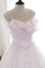 Pearl Pink Straps A Line Tulle Long Evening Prom Dress with Pearls, Long Formal Gown