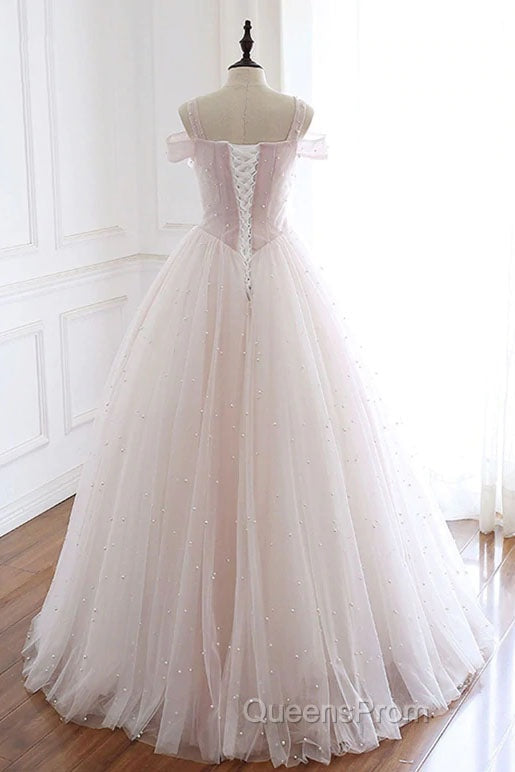 Pearl Pink Straps A Line Tulle Long Evening Prom Dress with Pearls, Long Formal Gown Secondary image