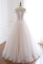 Pearl Pink Straps A Line Tulle Long Evening Prom Dress with Pearls, Long Formal Gown