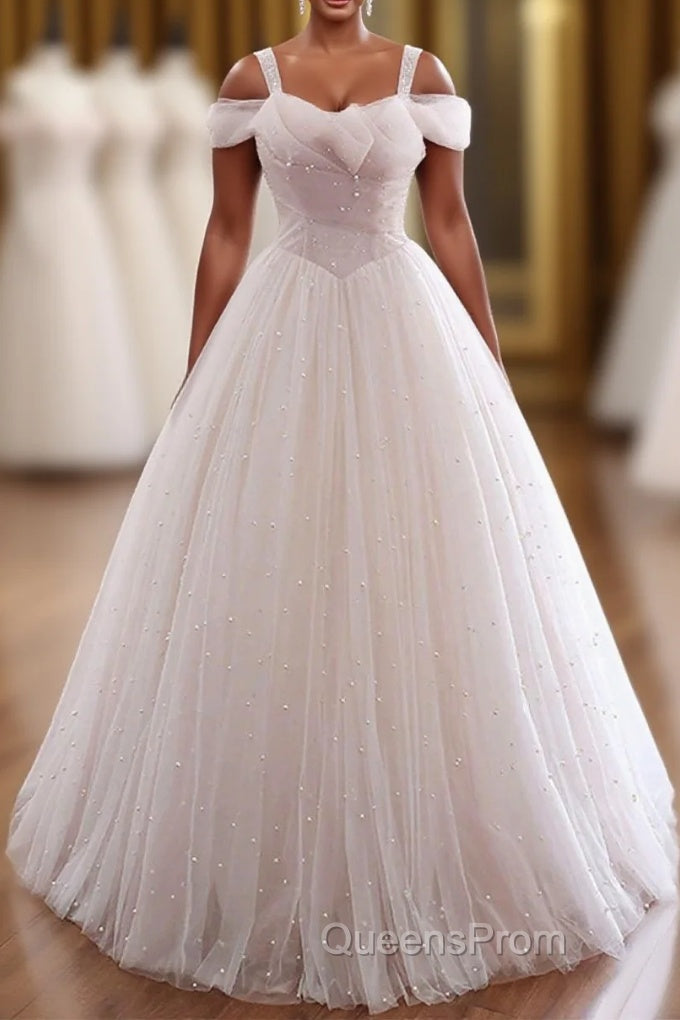 Pearl Pink Straps A Line Tulle Long Evening Prom Dress with Pearls, Long Formal Gown Main image