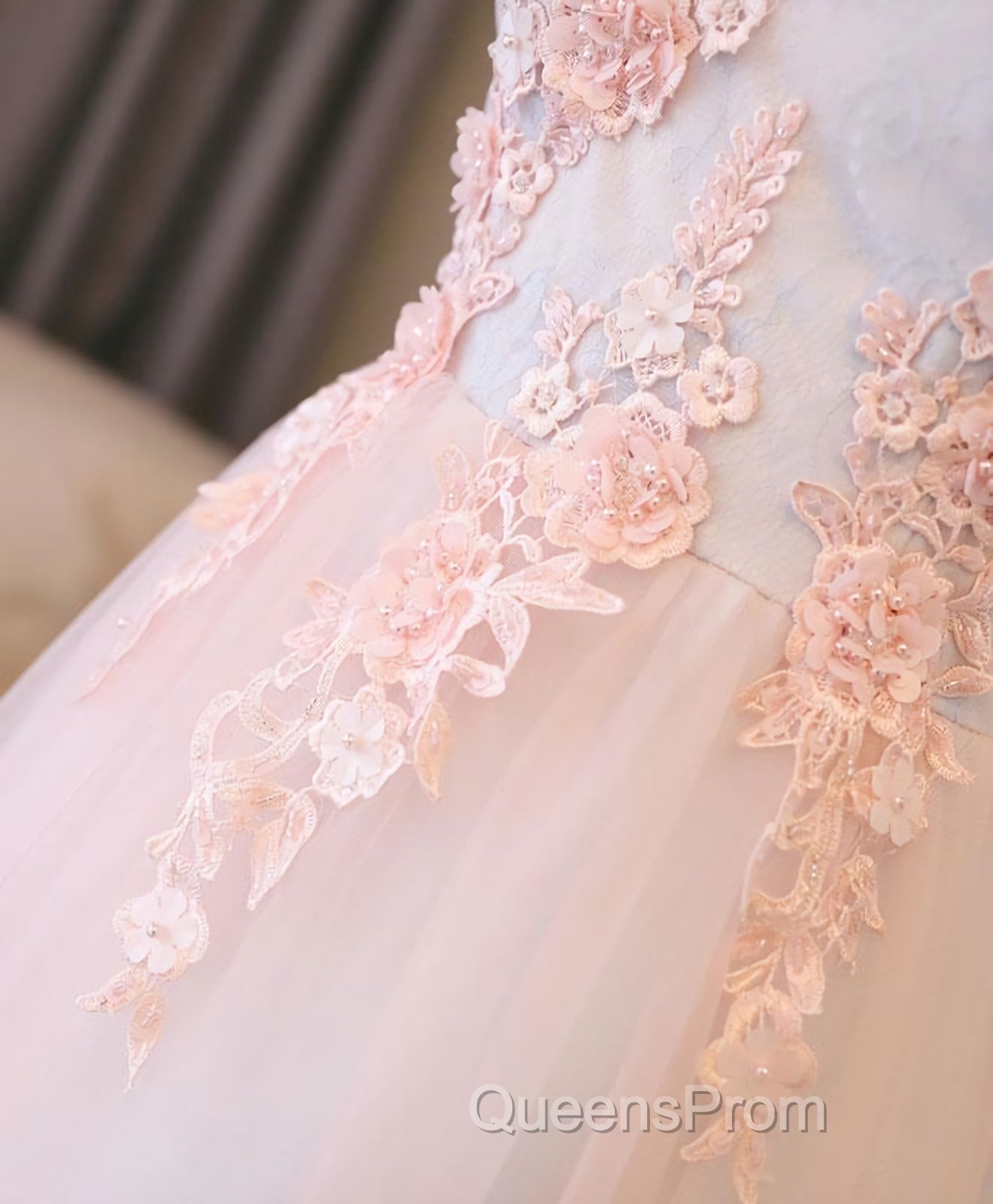 Light Pink Lace Off Shoulder Lonng Evening Prom Dress, Pink Evening Dress Secondary image