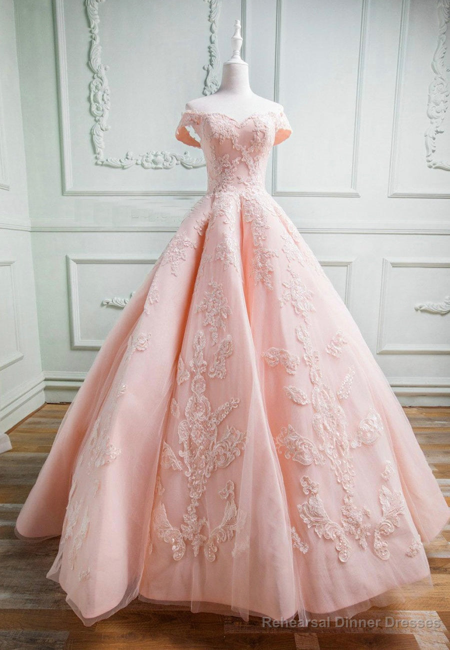 Pink Lace Long A-Line Prom Dresses, Off the Shoulder Evening Dresses Main image
