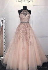 Pink Lace Long Prom Dresses, A-Line Formal Graduation Dresses