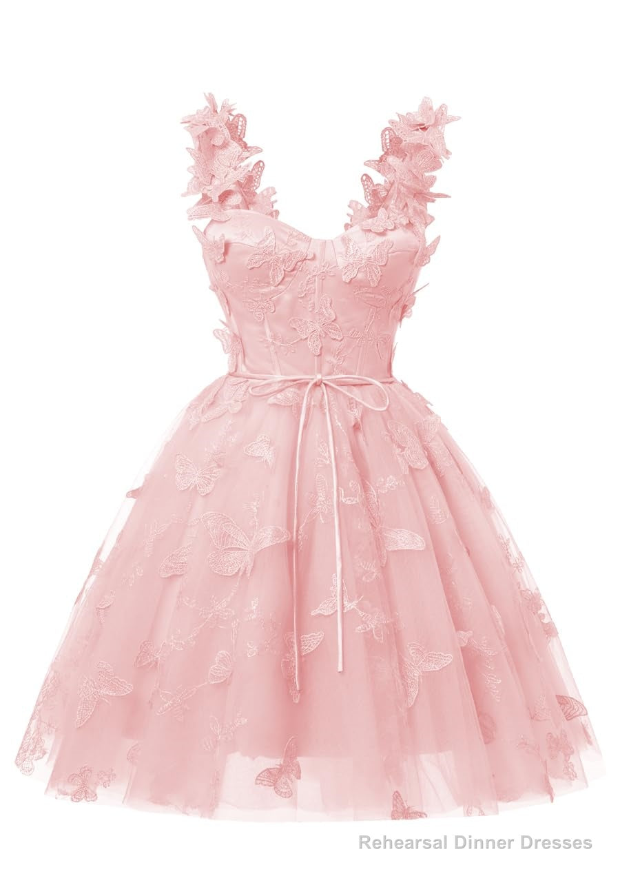 Pink 3D Butterfly Lace Applique Tulle Homecoming Dress for Teens Sweetheart Mini Short Prom Dresses Main image
