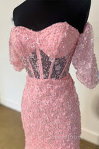 Pink 3D Floral Lace Sweetheart Mermaid Long Evening Prom Dress with Slit
