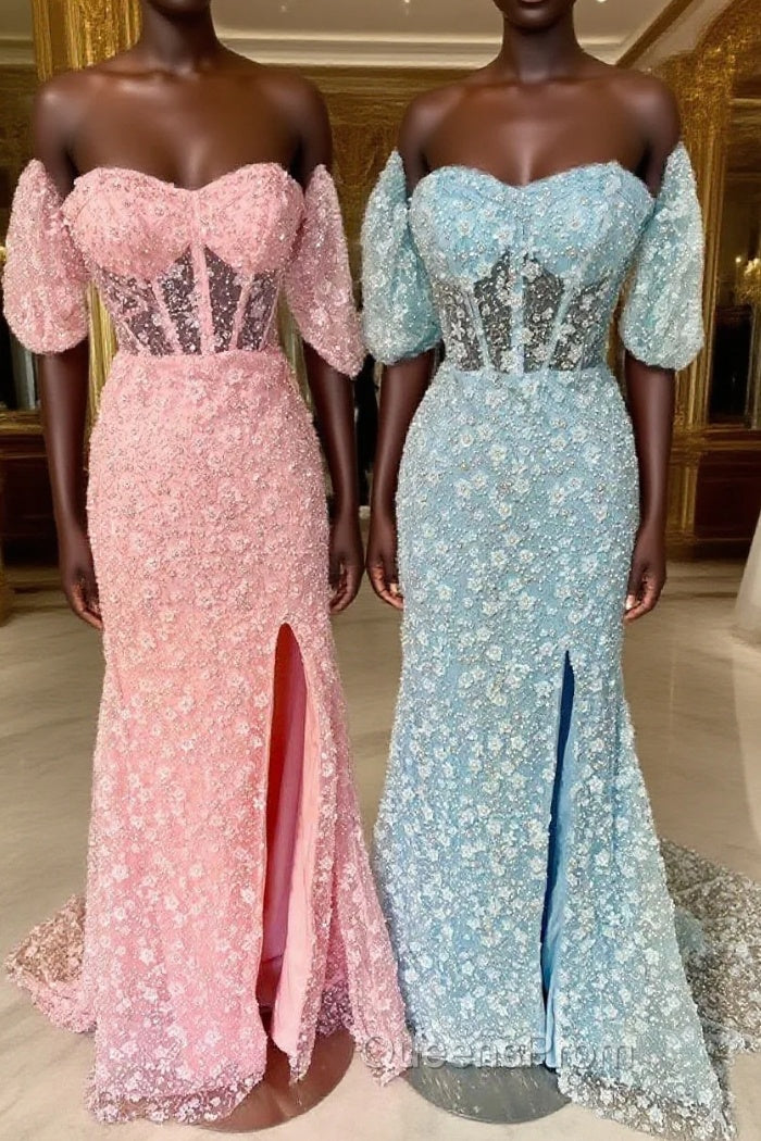 Pink 3D Floral Lace Sweetheart Mermaid Long Evening Prom Dress with Slit