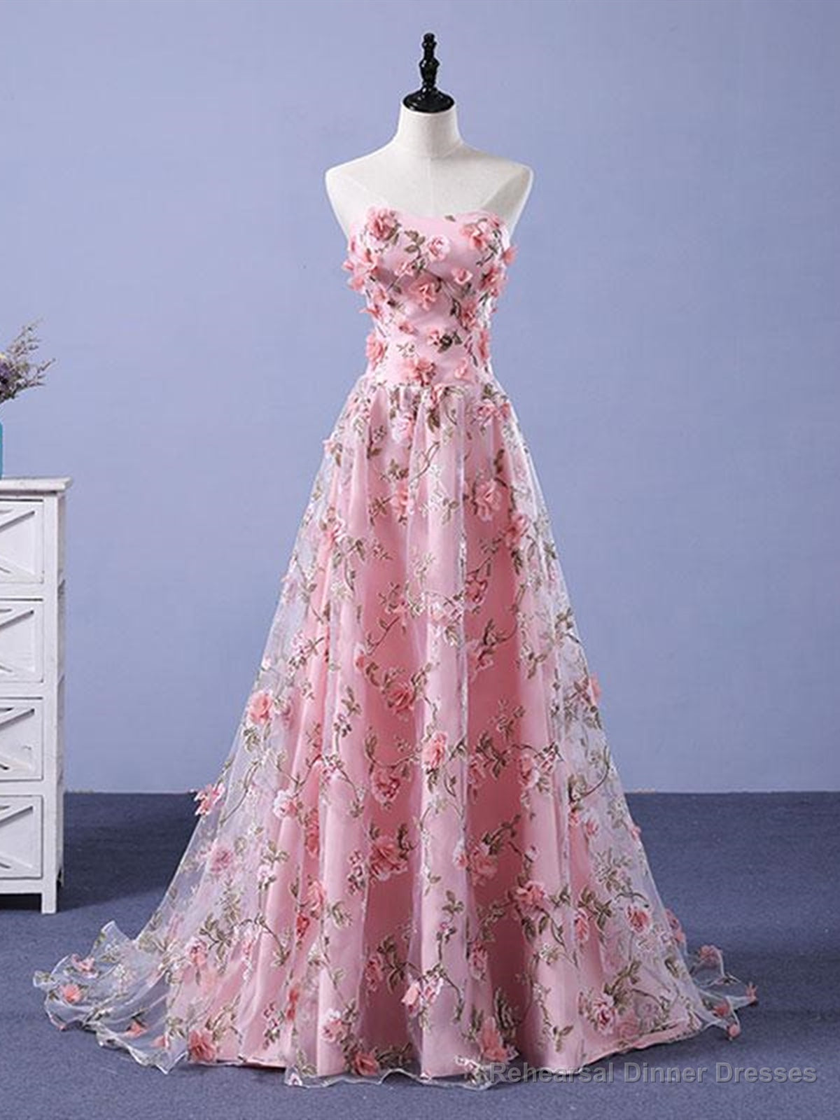 Pink 3D Flower Long Prom Dresses, 3D Floral Pink Long Formal Evening Dresses Main image