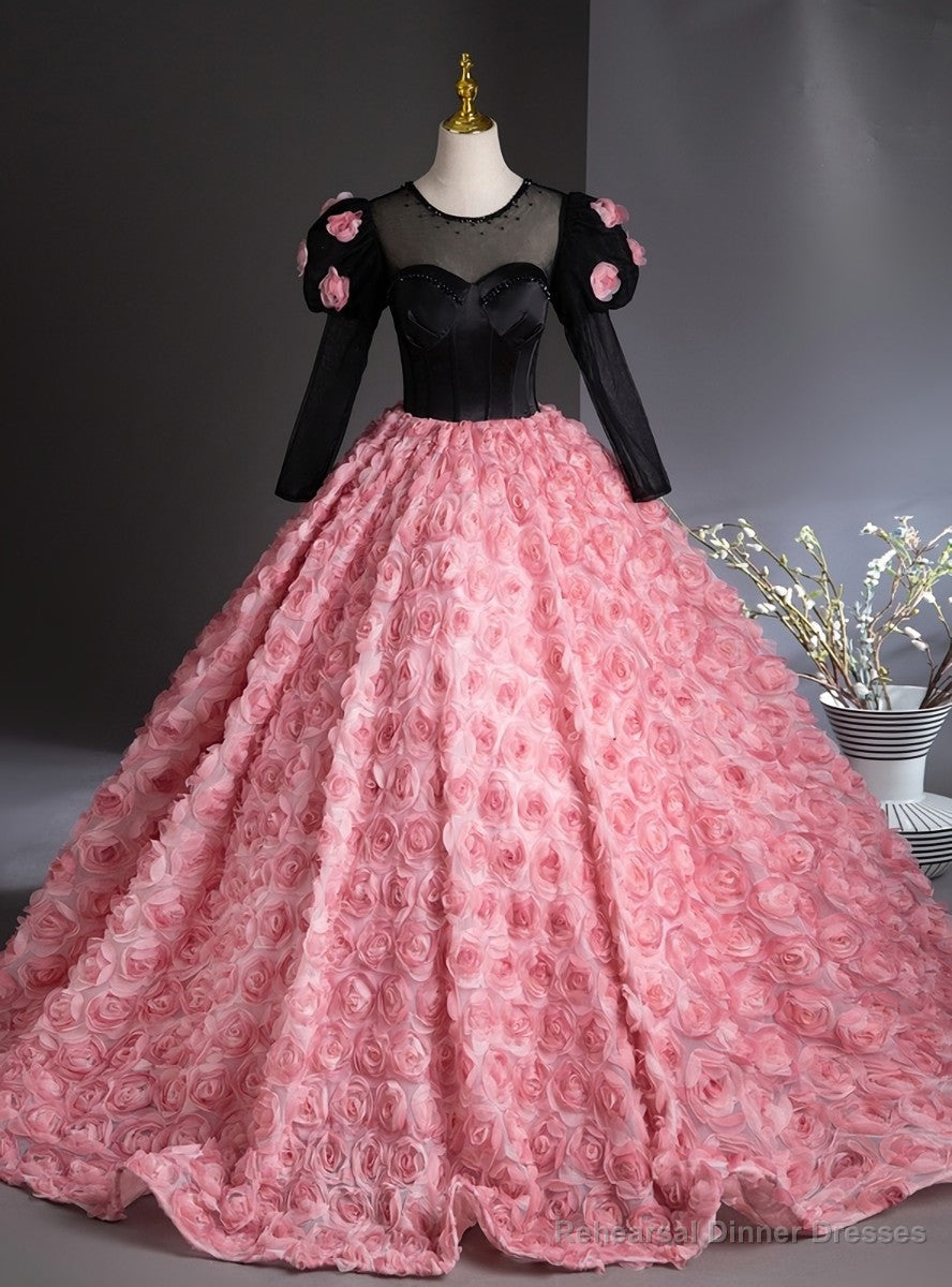 Pink 3D Rose Flower Long Sleeve Quinceanera Dress Main image