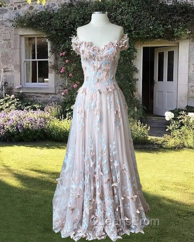 Pink A-Line Butterfly Evening Prom Dress
