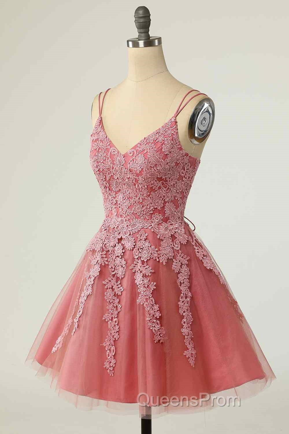 Pink A-line Double Straps V Neck Lace-Up Applique Mini Homecoming Dress Secondary image