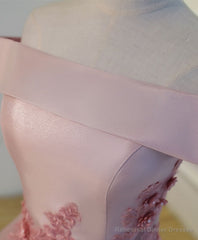 Pink A Line Off Shoulder Knee Length Prom Dress, Lace Homecoming Dresses