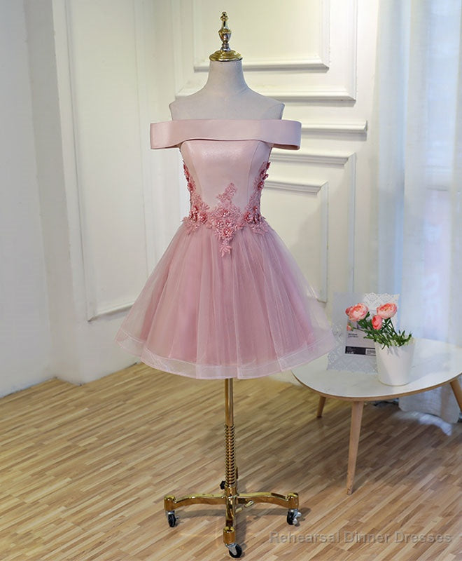 Pink A Line Off Shoulder Knee Length Prom Dress, Lace Homecoming Dresses Main image