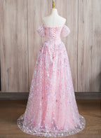 Pink A-line Off Shoulder Lace Floor Length Party Dress, Pink Lace Prom Dress