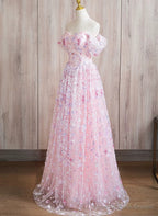 Pink A-line Off Shoulder Lace Floor Length Party Dress, Pink Lace Prom Dress