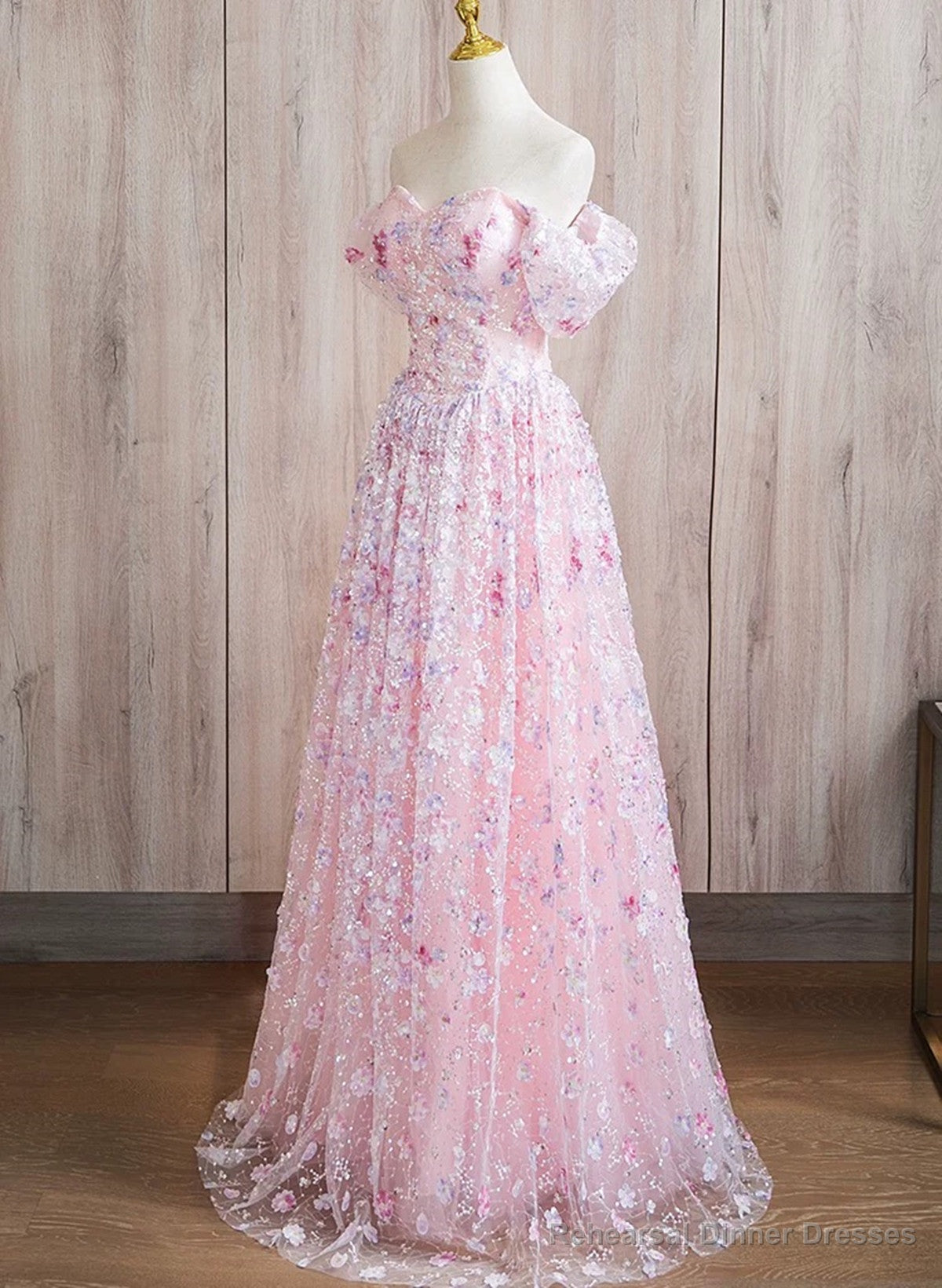 Pink A-line Off Shoulder Lace Floor Length Party Dress, Pink Lace Prom Dress