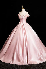 Pink A-Line Off Shoulder Satin Long Evening Prom Dress, Beautiful A-Line Off The Shoulder Party Dress