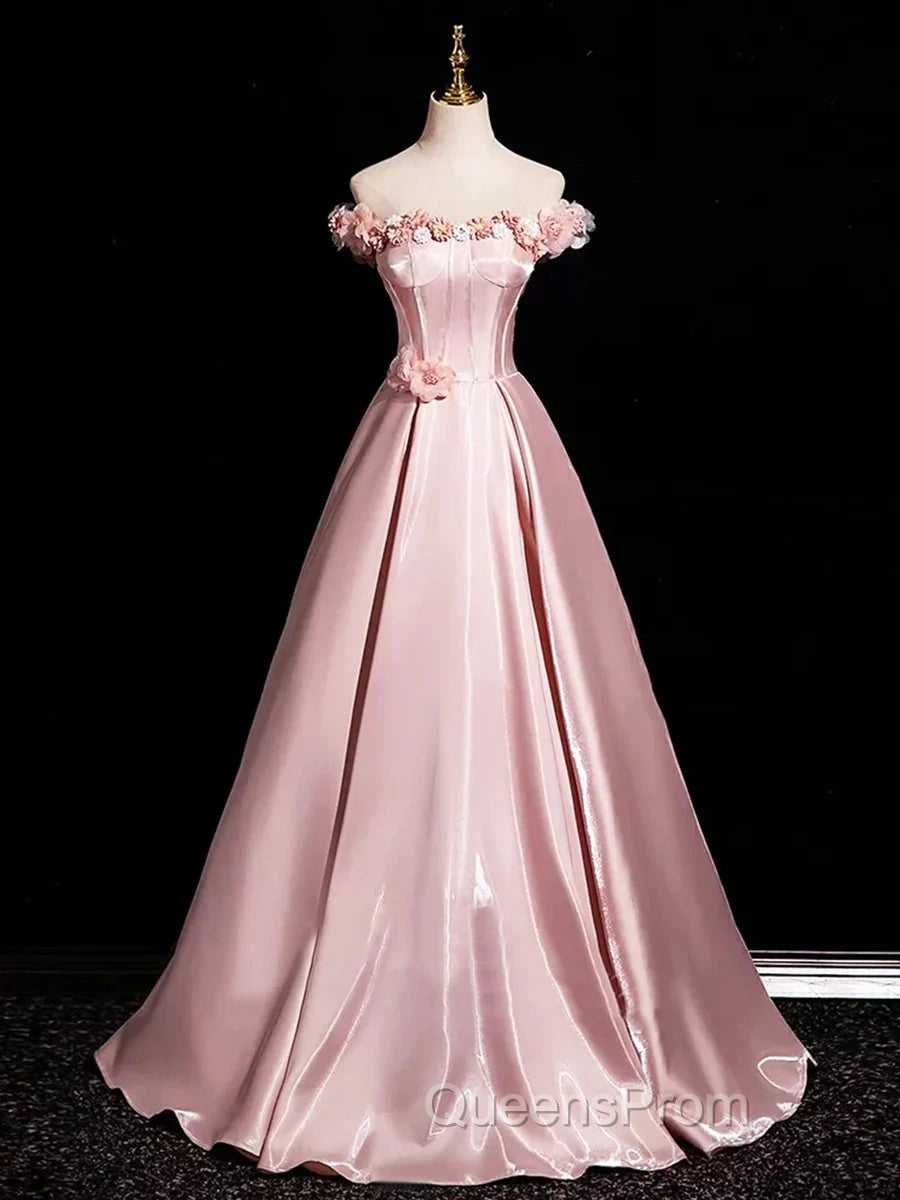Pink A-Line Off Shoulder Satin Long Evening Prom Dress, Beautiful A-Line Off The Shoulder Party Dress