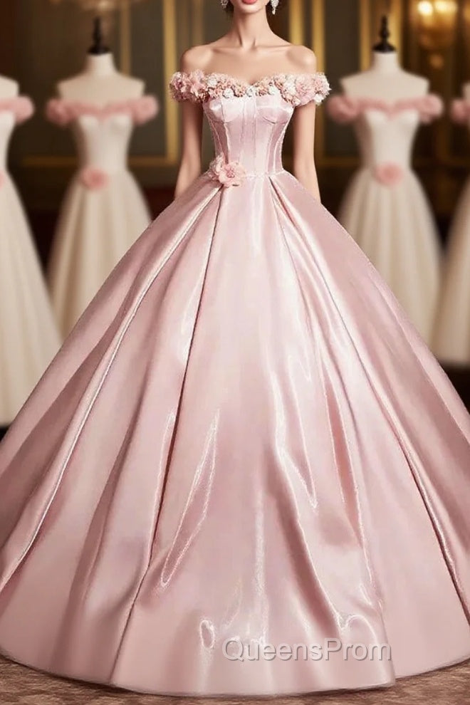 Pink A-Line Off Shoulder Satin Long Evening Prom Dress, Beautiful A-Line Off The Shoulder Party Dress