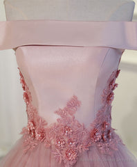 Pink A Line Off Shoulder Tea Length Prom Dress, Lace Homecoming Dresses