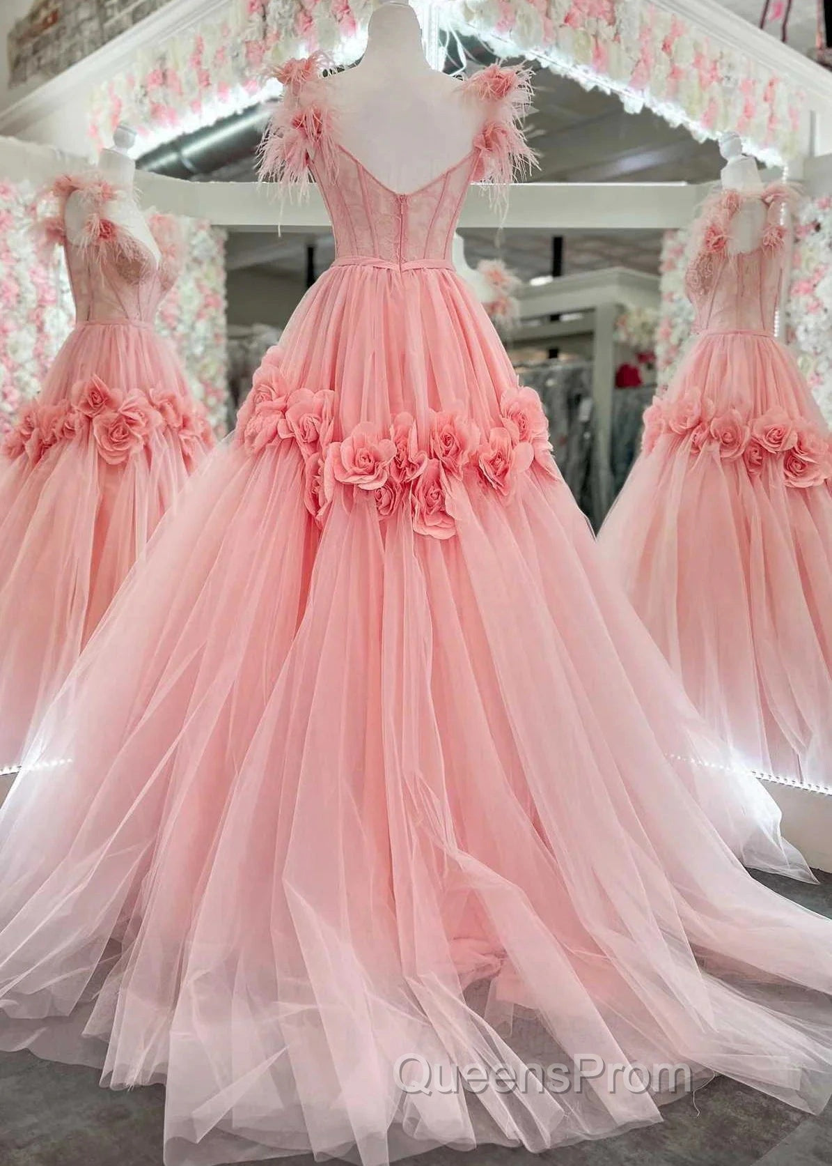 Pink A-Line Off The Shoulder Lace Tulle Long Evening Prom Dress, Sweet 16 Dress Secondary image