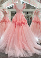Pink A-Line Off The Shoulder Lace Tulle Long Evening Prom Dress, Sweet 16 Dress