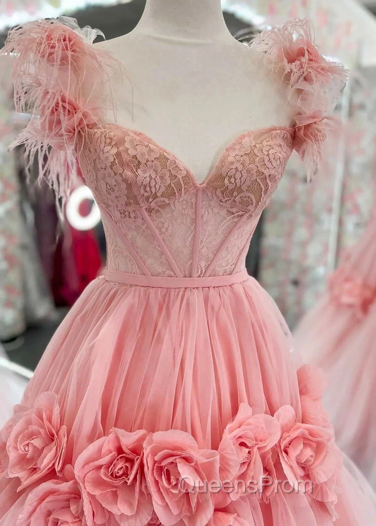 Pink A-Line Off The Shoulder Lace Tulle Long Evening Prom Dress, Sweet 16 Dress