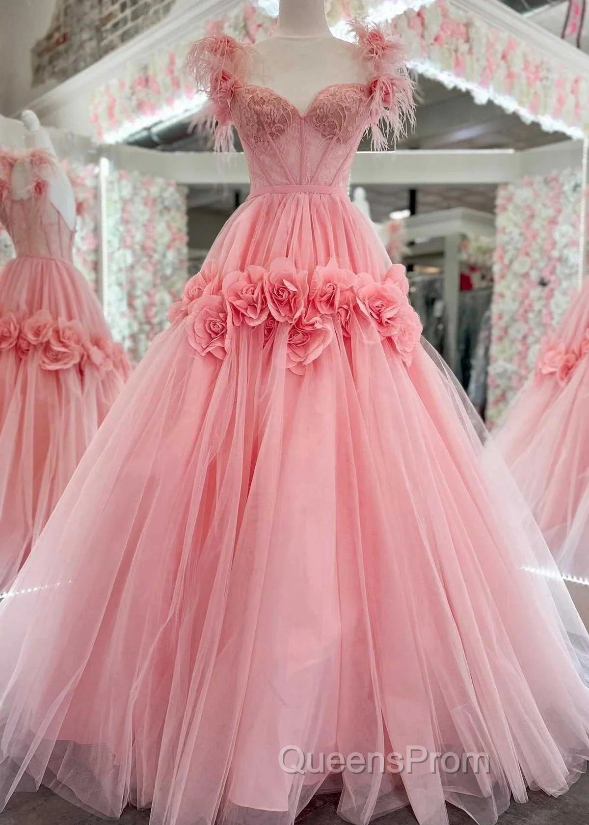 Pink A-Line Off The Shoulder Lace Tulle Long Evening Prom Dress, Sweet 16 Dress