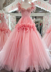 Pink A-Line Off The Shoulder Lace Tulle Long Evening Prom Dress, Sweet 16 Dress