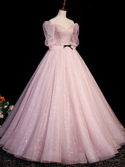 Pink A Line Puffy Sleeves Tulle Long Prom Dress, Pink Sweet 16 Dress