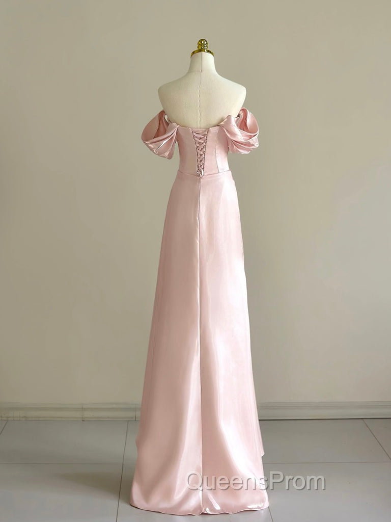 Pink A-Line Satin Long Evening Prom Dress, Off Shoulder Pink Long Evening Dress Secondary image