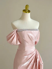 Pink A-Line Satin Long Evening Prom Dress, Off Shoulder Pink Long Evening Dress