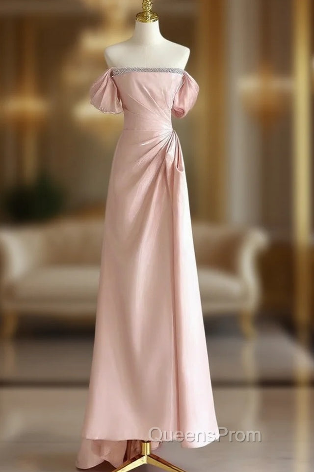 Pink A-Line Satin Long Evening Prom Dress, Off Shoulder Pink Long Evening Dress Main image