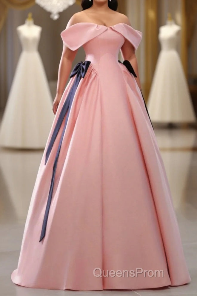 Pink A-Line Satin Off Shoulder Long Evening Prom Dress, Pink Formal Evening Dress Main image