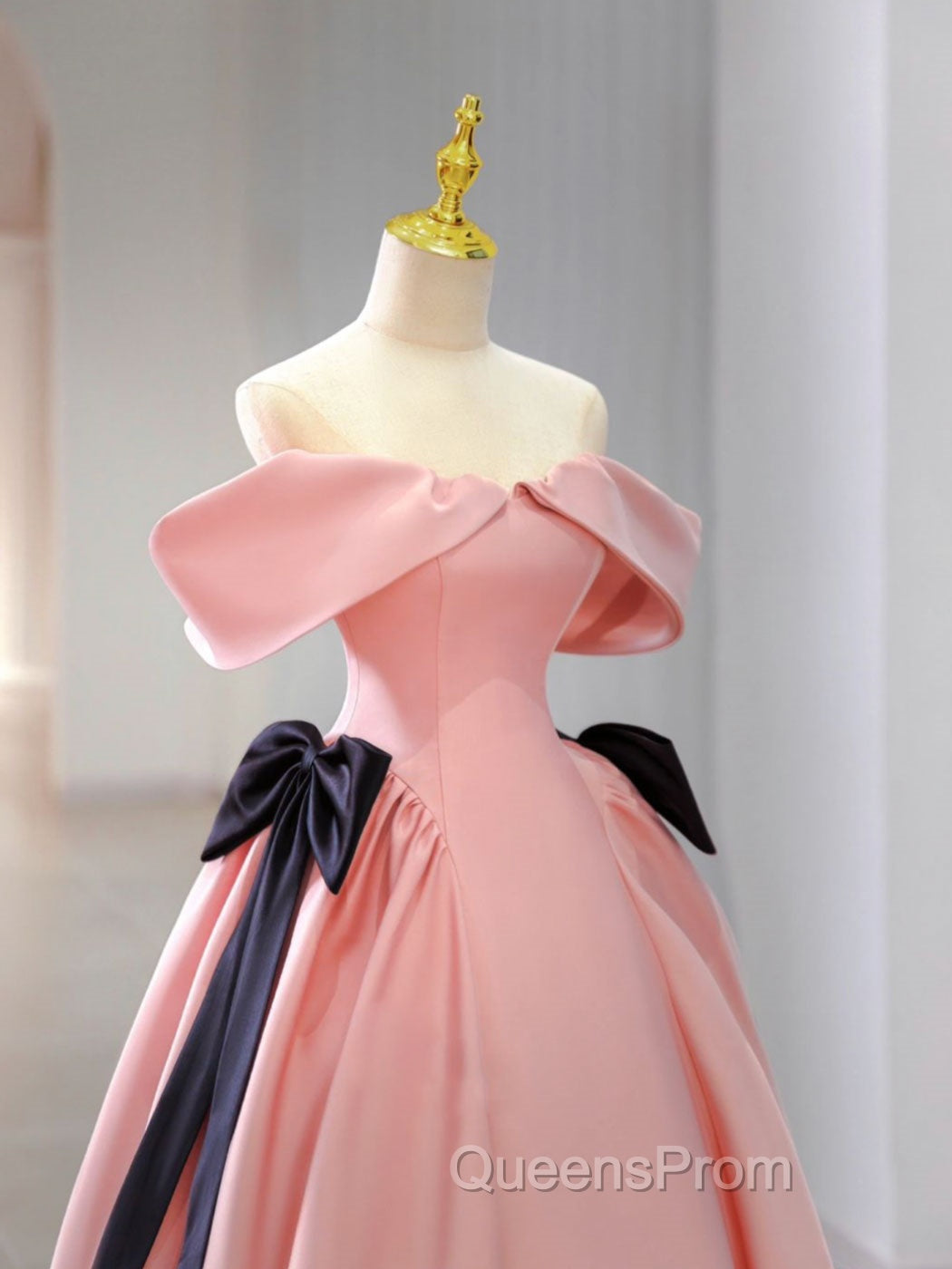 Pink A-Line Satin Off Shoulder Long Evening Prom Dress, Pink Formal Evening Dress Secondary image