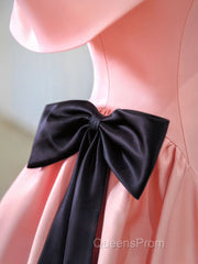 Pink A-Line Satin Off Shoulder Long Evening Prom Dress, Pink Formal Evening Dress